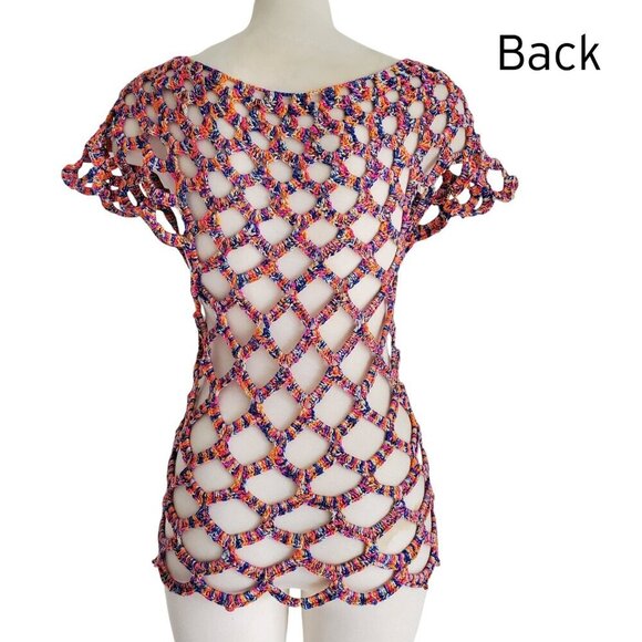 Crocheted Multicolor Chain Mail Open Weave Gold Metallic Threads Tunic Top S - Picture 3 of 14